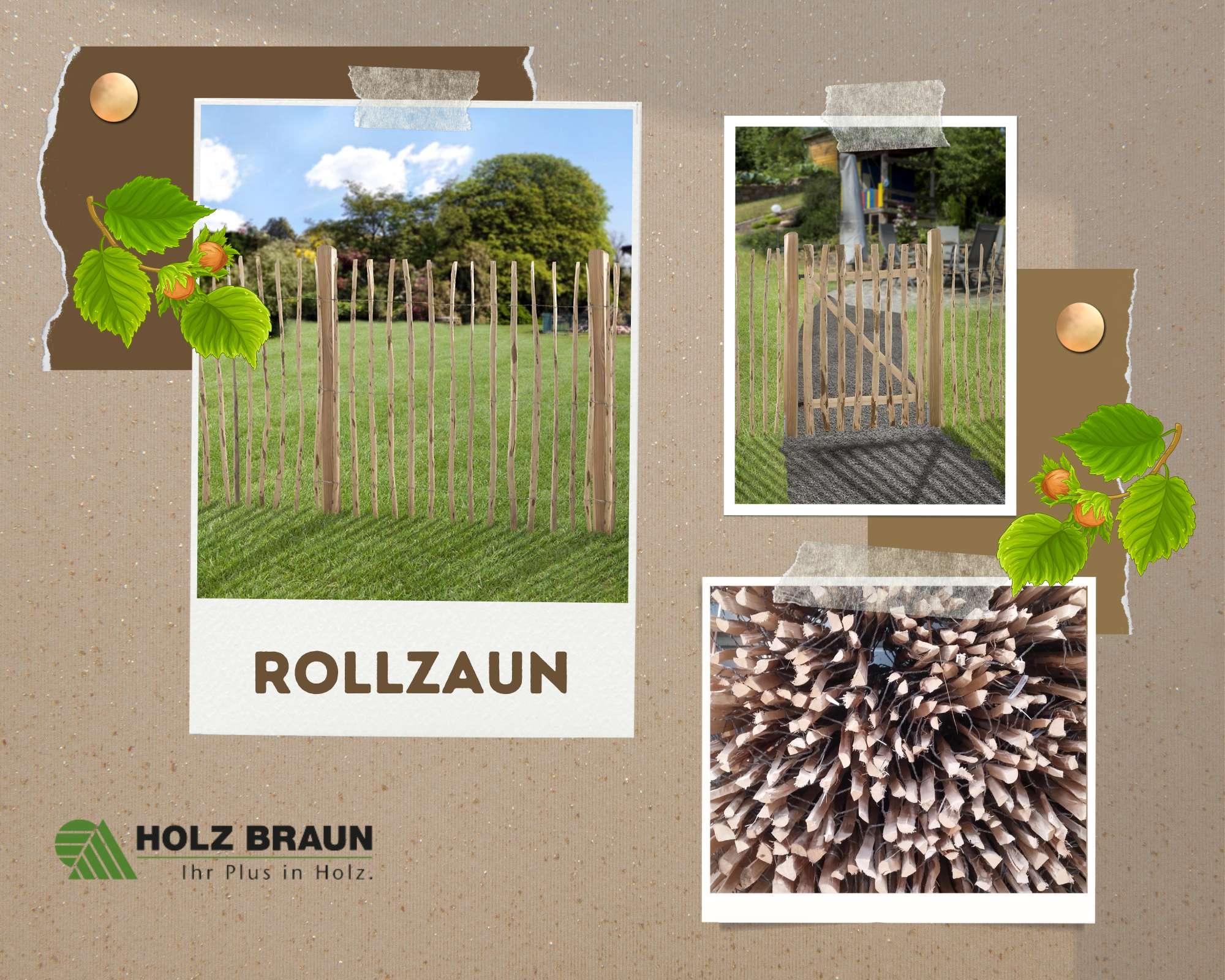 Collage-Staketenzaun-Haselnuss