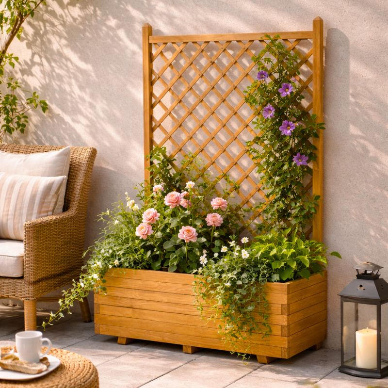 Blumenkasten mit Rankgitter pinienfarbig Ambiente